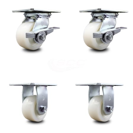 Service Caster 4 Inch Nylon Caster Set with Roller Bearing 2 Brakes and 2 Rigid SCC-35S420-NYR-SLB-2-R-2